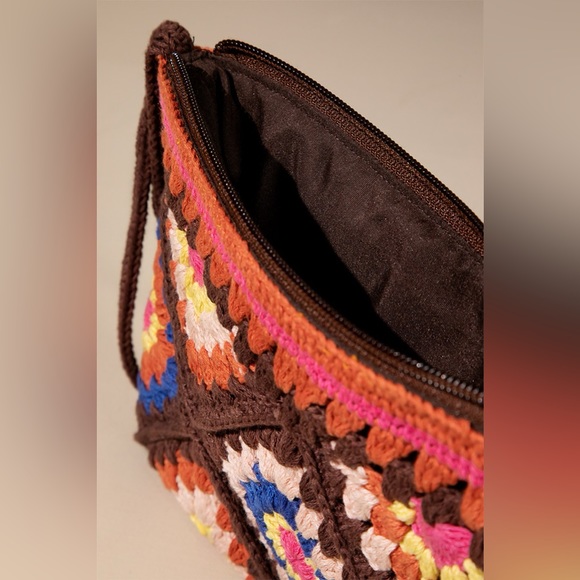 Crochet Handmade brown beaded beaded boho bohemian zip clutch purse tote - Picture 2 of 7